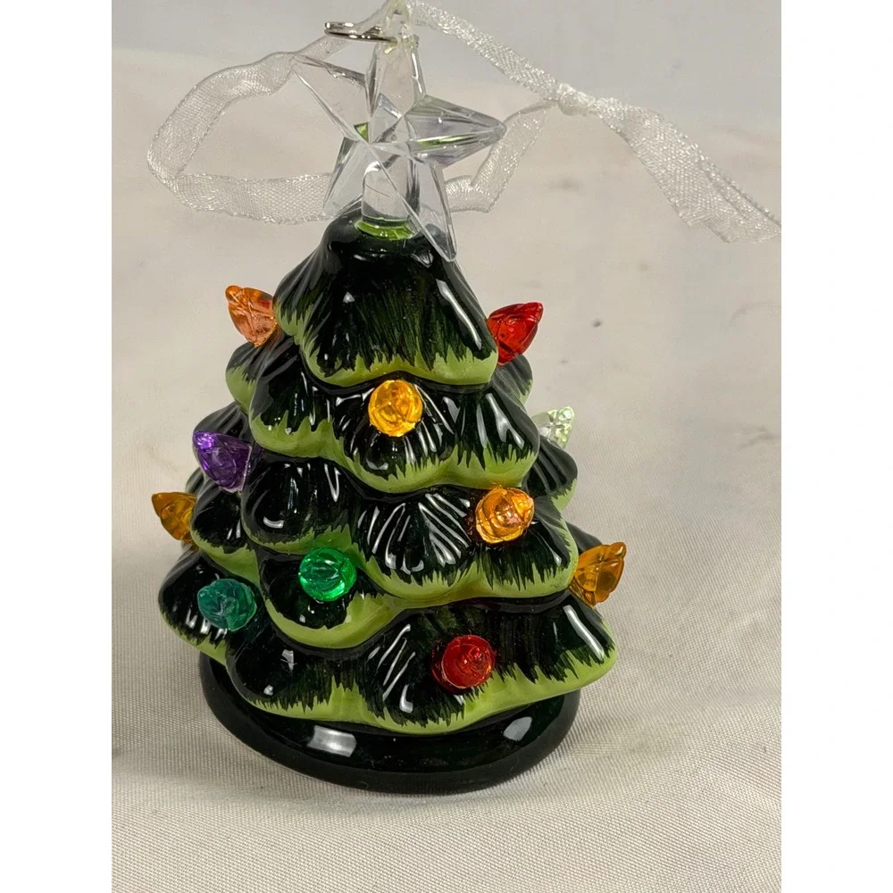 Vintage Style Ceramic Light Up Christmas Tree Ornament Green with Multi Bulbs